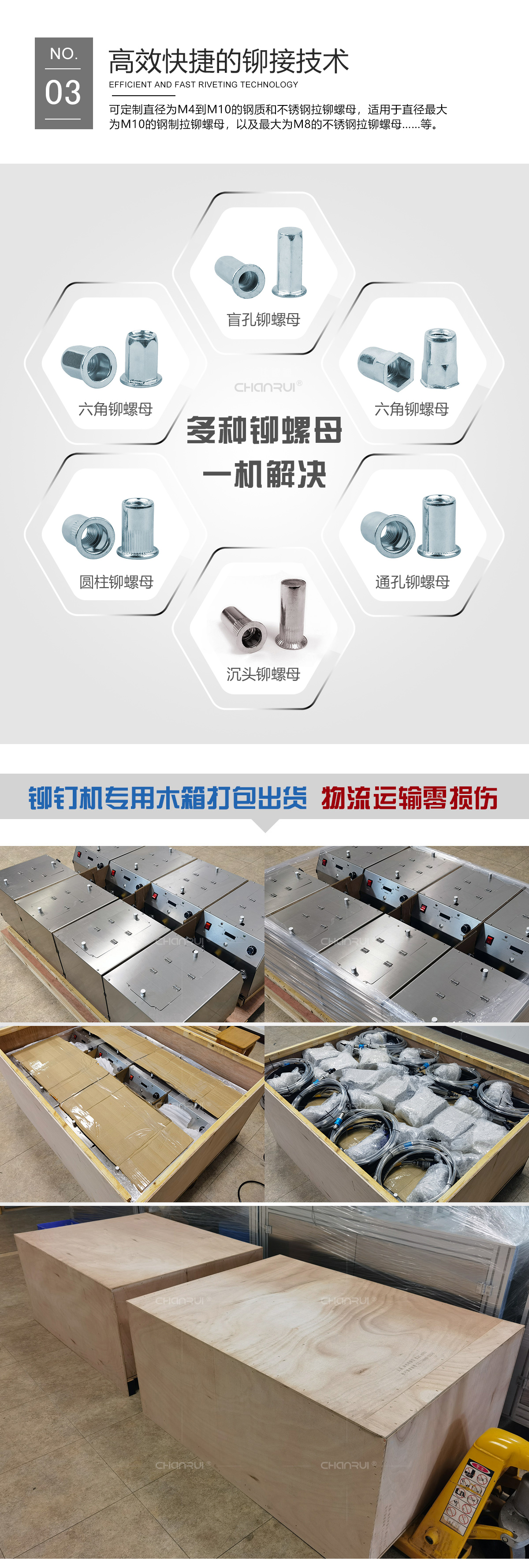 Rivet nut machine handles blind, hex, cylindrical, countersunk and open-end rivet nuts, packed in wooden cases for shipment