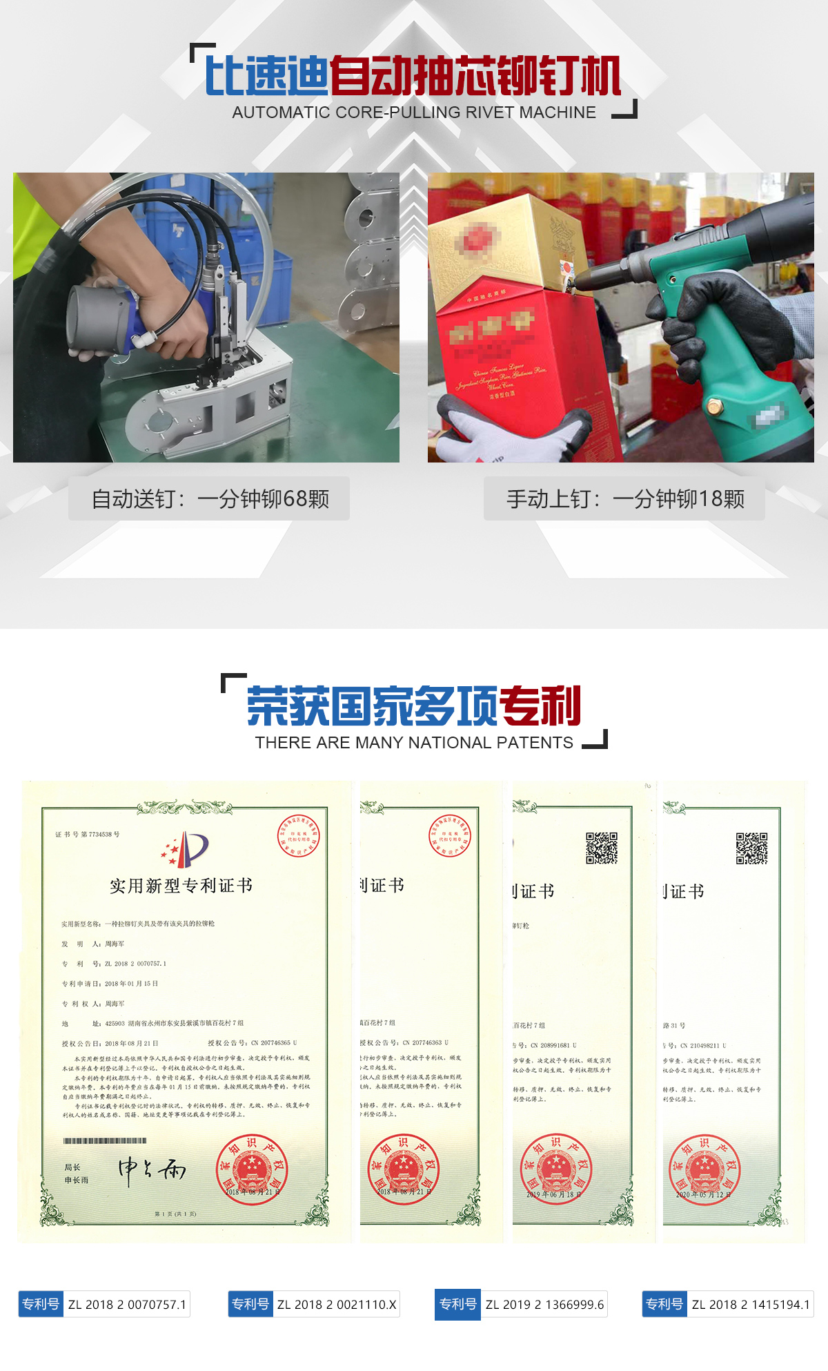 一出二雙槍款自動拉釘機，自動送釘與手動上釘效率比較，及多項國家專利證書